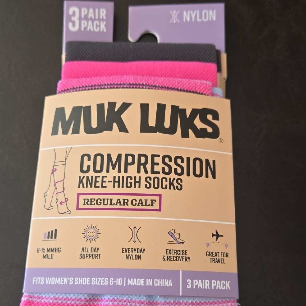 Muk Luks Pink and Gray Patterned Knee-High Compression Socks (3 Pair!)